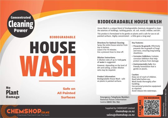 CHEMSHOP Concentrated Exterior House Wash Cleaner for cleaning houses in New Zealand - Label