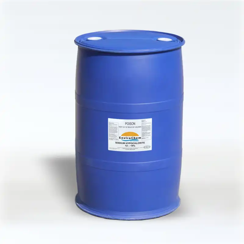 Sodium Hypochlorite 12–15% 3 EnviroChem 200L blue industrial drum of 12-15% sodium hypochlorite liquid chlorine solution