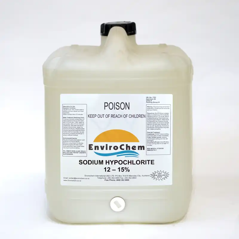Sodium Hypochlorite 12–15% 2 EnviroChem 20L jerrycan container of 12-15% concentrated sodium hypochlorite liquid sanitiser