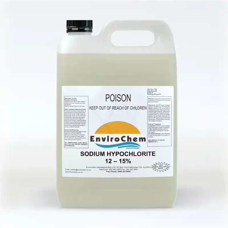 Sodium Hypochlorite 12–15% 1 EnviroChem 5L bottle of 12-15% sodium hypochlorite liquid chlorine sanitiser and disinfectant